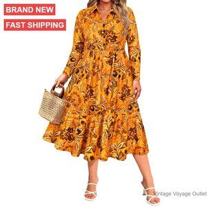 Plus Size Midi Dress Long Sleeve V-Neck Collared Pocket Fall Winter